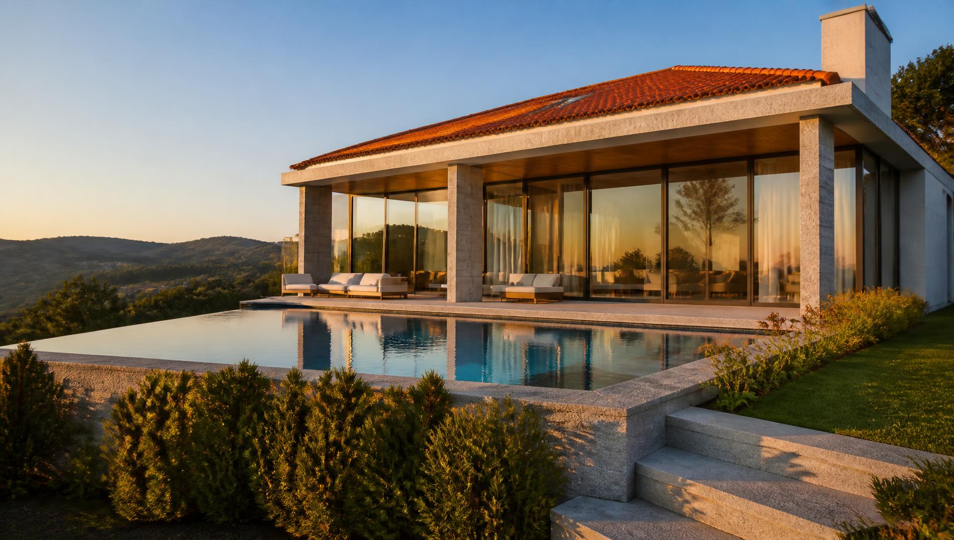Villa contemporânea com piscina infinita em ambiente luminoso